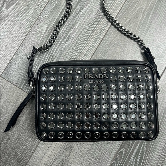 Prada Rhinestone Embellished Diagramme Quilted Camera Bag BLK Leather Cristal - Picture 13 of 17